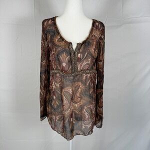 Womens Sheer Paisley Empire Waist Blouse Brown Boho Indie Western Split Neck Top